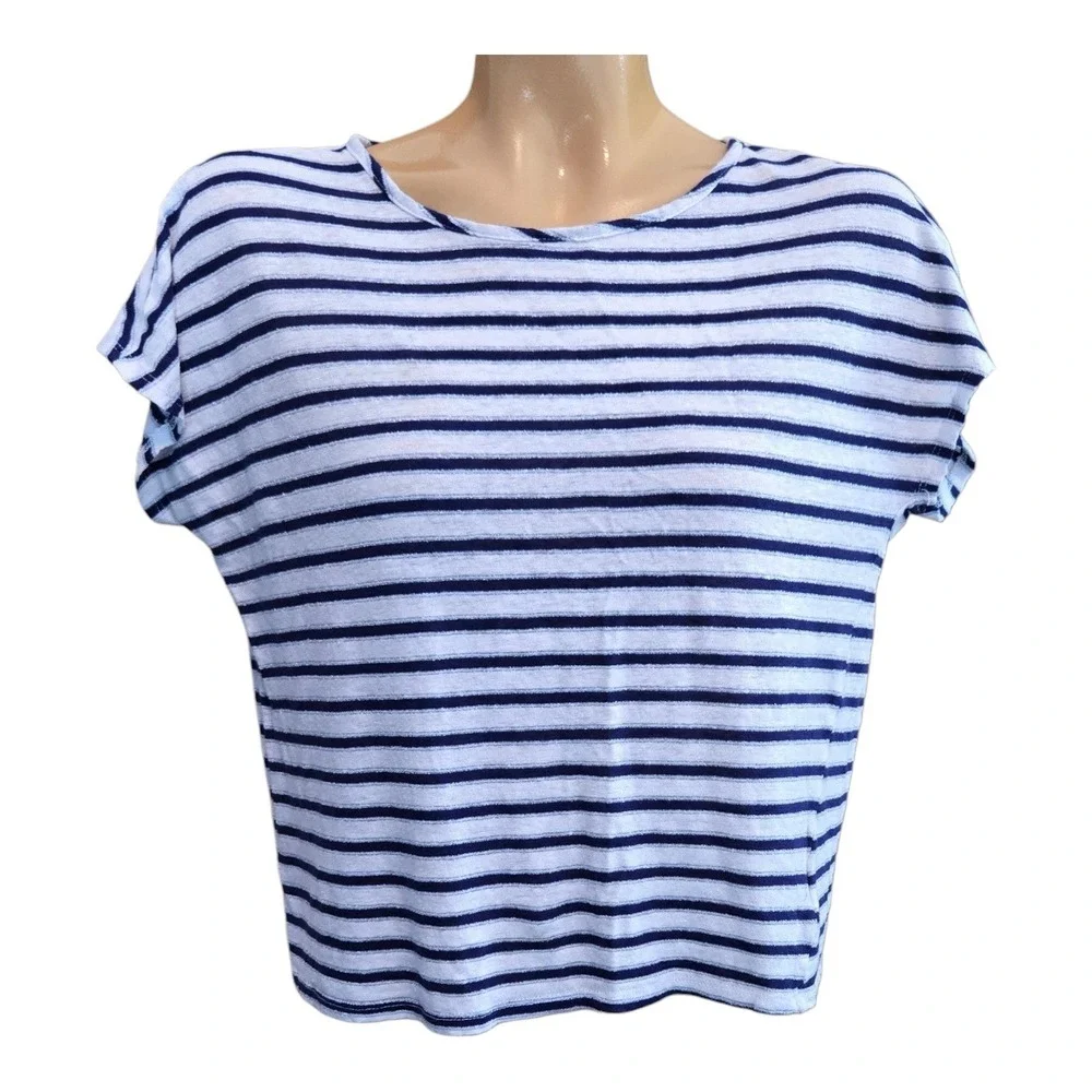 Christian‎ Siriano Womens Top White Blue Silver Medium Linen Coastal Nautical